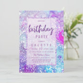 ラベンダーパープルティール（緑がかった色）大理石グリッターバースデーパーティー 招待状 (スタンド正面)