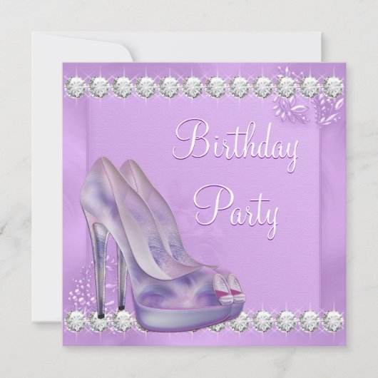 ラベンダーパープルハイヒールシューバースデーパーティー 招待状 (正面)