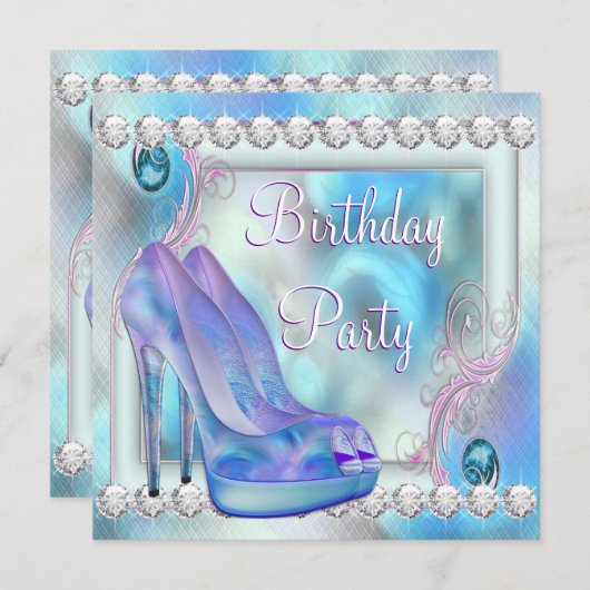 ラベンダーパープルハイヒールシューバースデーパーティー 招待状 (正面/裏面)