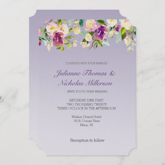 ラベンダーパープルバグラデーションルガンディ赤面フローラ 招待状 (正面/裏面)