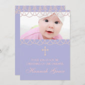 ラベンダーパープルパールクロスフォト《キリスト教》洗礼式や命名式 招待状 (正面/裏面)