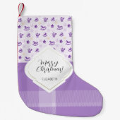 ラベンダーパープルビンテージクリスマストイズとタータンチェック スモールクリスマスストッキング (正面)