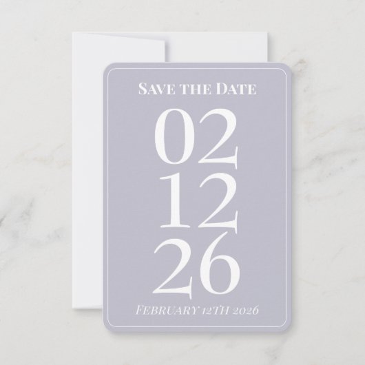 ラベンダーパープルファンシー結婚式のSave the Date 招待状 (正面)