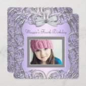 ラベンダーパープルフォトガールズ4歳の誕生日パーティー 招待状 (正面/裏面)