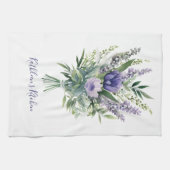 ラベンダーパープルフラワーグリーンフローラブーケ キッチンタオル (横)
