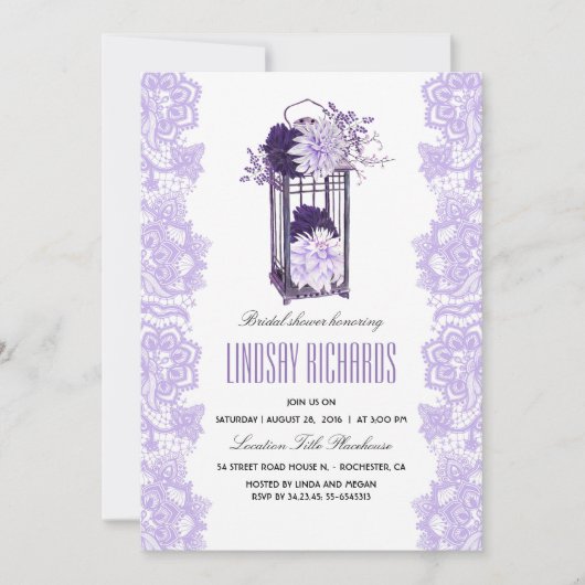 ラベンダーパープルフラワーズランタンブライダルシャワー 招待状 (正面)