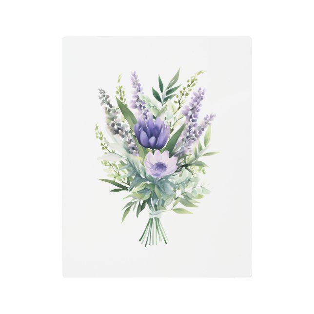 ラベンダーパープルフラワーユーカリ緑の花束 メタルプリント (正面)