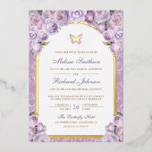 ラベンダーパープルフローラアーチ結婚バタフライ金ゴールド 箔招待状 (正面)