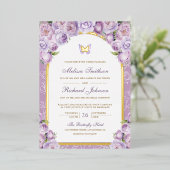 ラベンダーパープルフローラアーチ結婚バタフライ金ゴールド 箔招待状 (立ち正面)