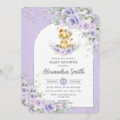 ラベンダーパープルフローラスイートライオンキュブベビーシャワー 招待状 (正面/裏面)