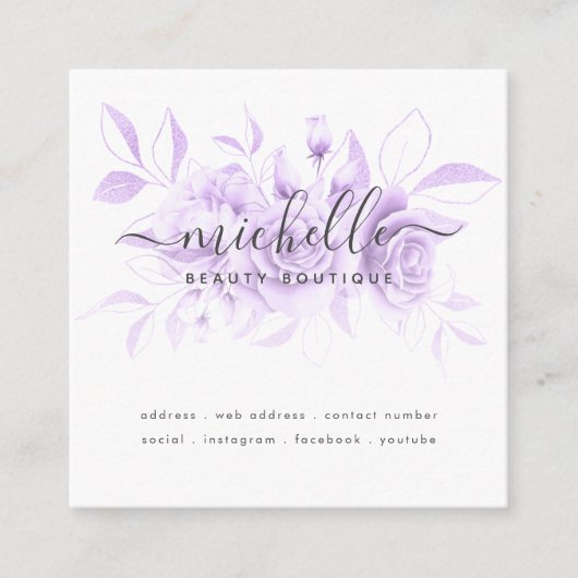 ラベンダーパープルフローラスクリプト美しいブティック スクエア名刺 (正面)