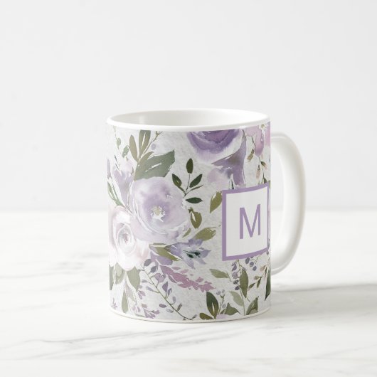ラベンダーパープルフローラバラウォーターカラーモノグラム コーヒーマグカップ (正面右)