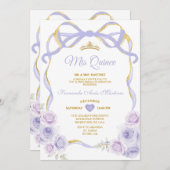 ラベンダーパープルフローラボウリボン金ゴールドミカンス 招待状 (正面/裏面)