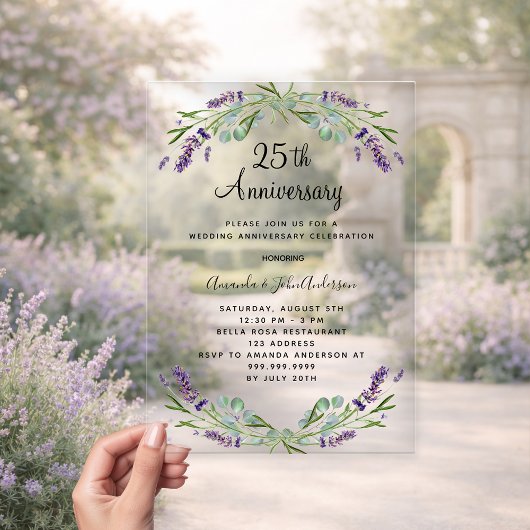 ラベンダーパープルフローラル25th結婚記念日 アクリル招待状