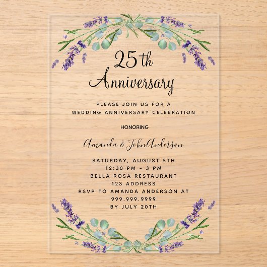 ラベンダーパープルフローラル25th結婚記念日 アクリル招待状 (正面)