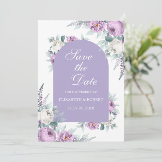 ラベンダーパープルフローラ保存する日付カード 招待状 (スタンド正面)