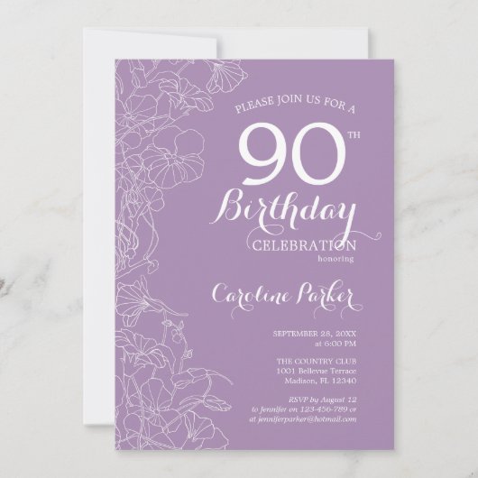 ラベンダーパープルフローラ写真90th誕生日パーティー 招待状 (正面)