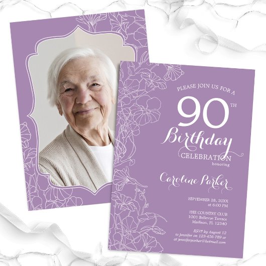 ラベンダーパープルフローラ写真90th誕生日パーティー 招待状