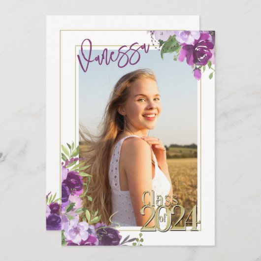 ラベンダーパープルフローラ水色卒業の招待客 招待状 (正面/裏面)