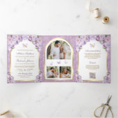 ラベンダーパープルフローラ金ゴールドアーチバタフライ結婚ズ 三つ折り招待状 (内部)