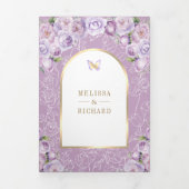 ラベンダーパープルフローラ金ゴールドアーチバタフライ結婚ズ 三つ折り招待状 (カバー)