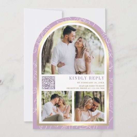 ラベンダーパープルフローラ金ゴールドアーチバタフライ結婚ズ 招待状 (裏面)