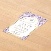 ラベンダーパープルフローラ金ゴールドアーチムスリム結婚ズ アクリル招待状 (レイダウン)