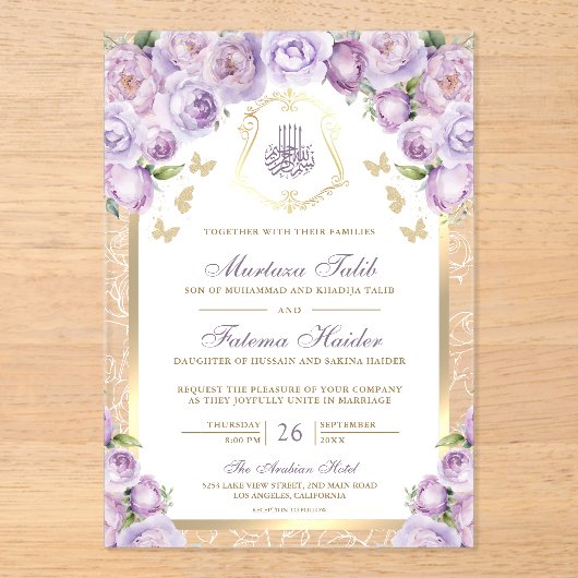 ラベンダーパープルフローラ金ゴールドアーチムスリム結婚ズ アクリル招待状 (正面)