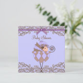 ラベンダーパープルブラウンレースガールベビーシャワー 招待状 (スタンド正面)