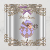 ラベンダーパープルブラウンレースガールベビーシャワー 招待状 (正面/裏面)