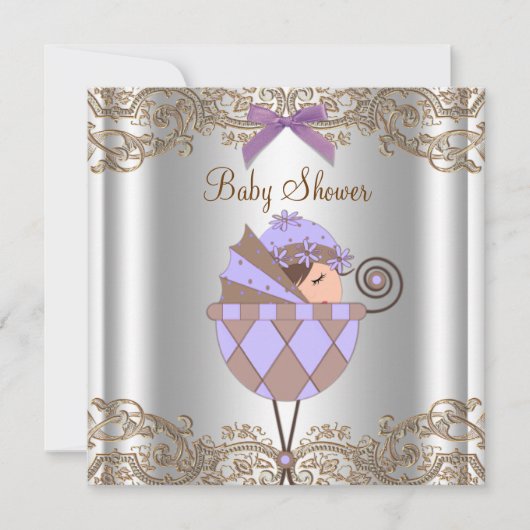 ラベンダーパープルブラウンレースガールベビーシャワー 招待状 (正面)