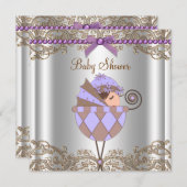 ラベンダーパープルブラウンレースガールベビーシャワー 招待状 (正面/裏面)