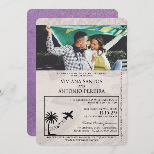 ラベンダーパープルブラジルパスポート結婚式招待状 招待状 (正面/裏面)