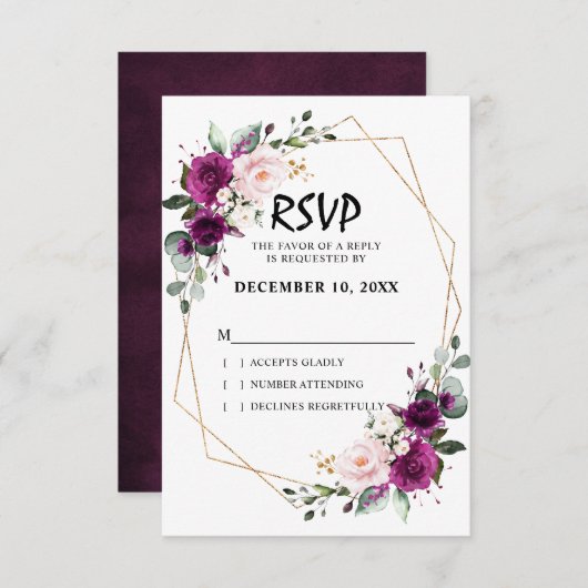 ラベンダーパープルプラム赤面ピンクフローラ幾何学模様 出欠カード (正面/裏面)