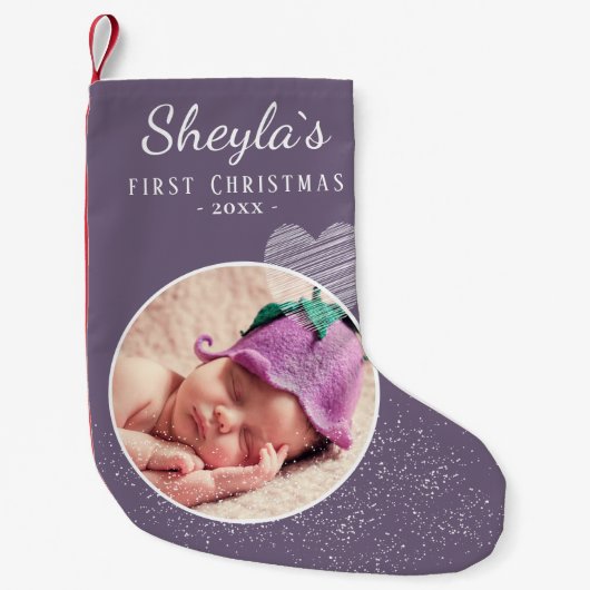 ラベンダーパープルベビーの初めてのクリスマスハート写真 スモールクリスマスストッキング (正面)