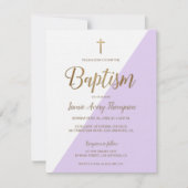 ラベンダーパープルベビーガール金ゴールドモダンバプティスインヴィ 招待状 (正面)