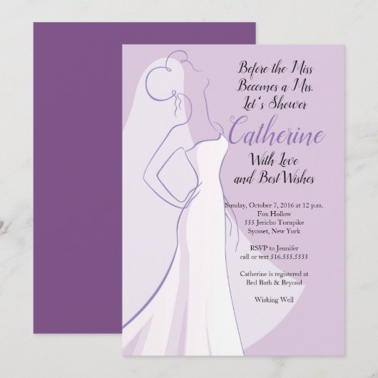 ラベンダーパープルホワイトドレス ブライダルシャワー 招待状 (正面/裏面)