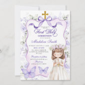 ラベンダーパープルボウコケット最初の聖餐式 招待状 (正面)