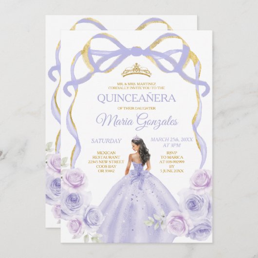 ラベンダーパープルボウプリンセス金ゴールドキンセアニラ 招待状 (正面/裏面)