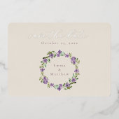 ラベンダーパープルボタニカルリース写真 箔招待状 (正面)