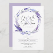 ラベンダーパープルボタニカルリース日付を保存 招待状 (正面/裏面)