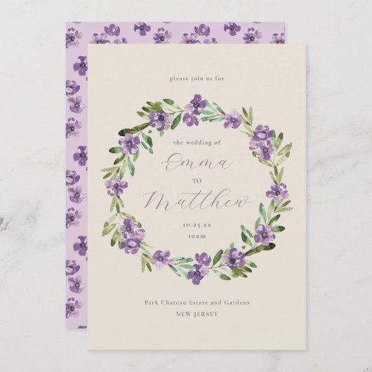ラベンダーパープルボタニカルリース結婚ズ 招待状 (正面/裏面)