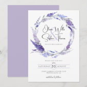 ラベンダーパープルボタニカルリース・セーブ・ザ・デート 招待状 (正面/裏面)