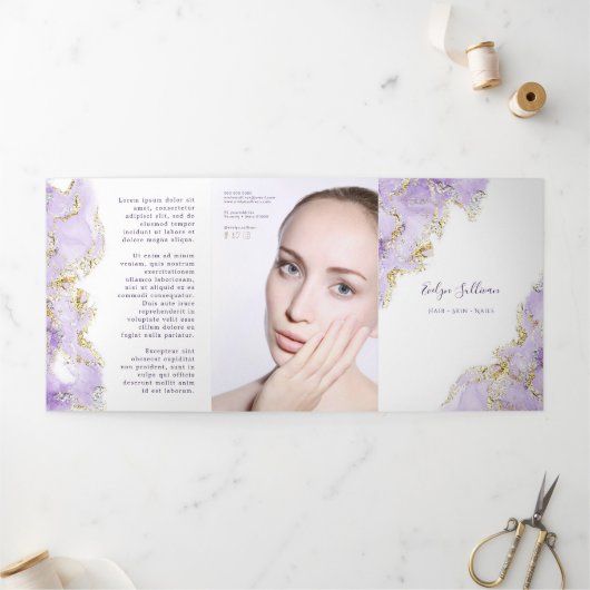 ラベンダーパープルマーブリングデザイン3折パンフレット 三つ折りカード (外部)