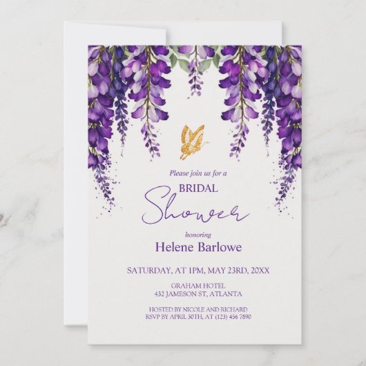 ラベンダーパープルモダンエレガントブライダルシャワー 招待状 (正面)