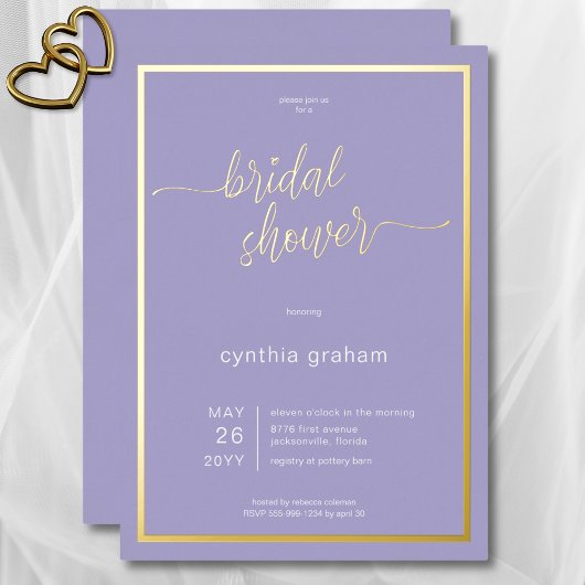 ラベンダーパープルモダンミニマルブライダルシャワー 箔招待状
