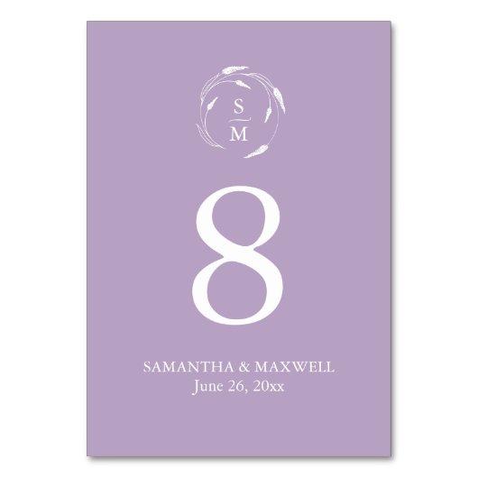 ラベンダーパープルモノグラム結婚のテーブル番号カード テーブルナンバー (正面)