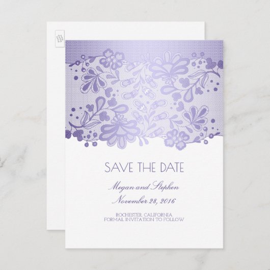 ラベンダーパープルレースエレガント日付を保存 案内ポストカード (正面/裏面)