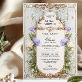 ラベンダーパープルヴィンテージフローラ金ゴールドブライダルシャワー 招待状