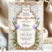 ラベンダーパープルヴィンテージフローラ金ゴールドブライダルシャワー 招待状